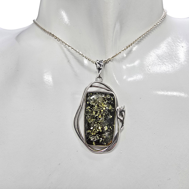Green Color Amber Sterling Silver Handmade Pendant