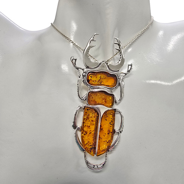Scarab Beetle Amber Sterling Silver Pendant
