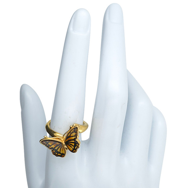 Monarch Butterfly Cameo Amber 14K Gold Plated Sterling Silver Adjustable Ring