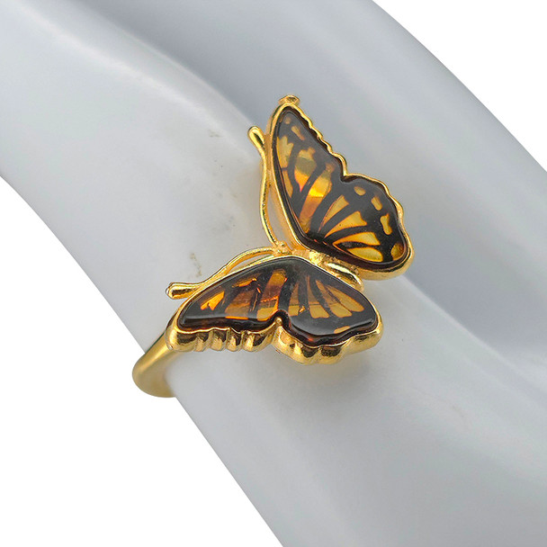 Monarch Butterfly Cameo Amber 14K Gold Plated Sterling Silver Adjustable Ring