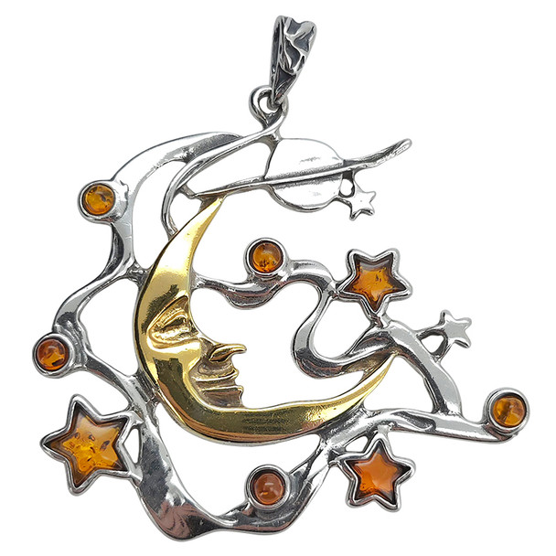 Amber 14K Gold Plated Sterling Silver Planet, Moon & Star Pendant