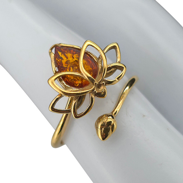 Amber 14K Gold Plated Sterling Silver Lotus Adjustable Ring