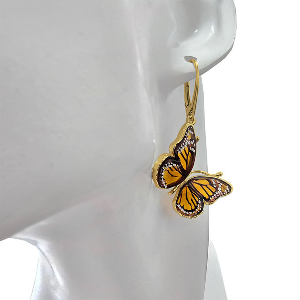 Monarch Butterfly Cameo Amber 14K Gold Plated Sterling Silver Hook Earrings