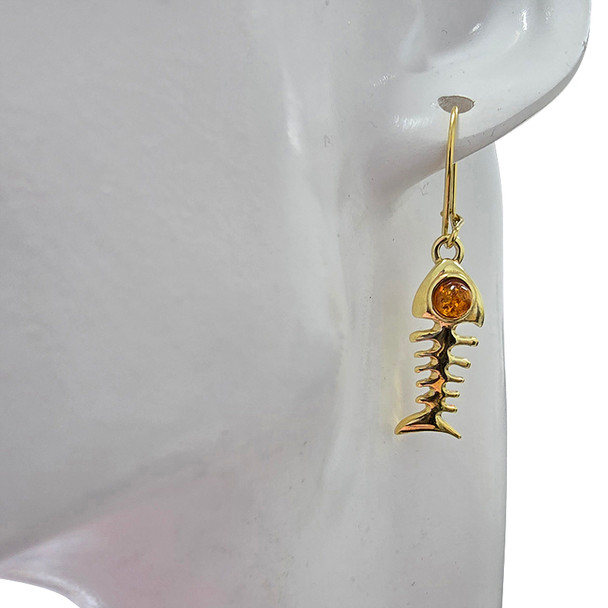 Fish Bone Amber Gold Plated Silver Earrings On Hooks
