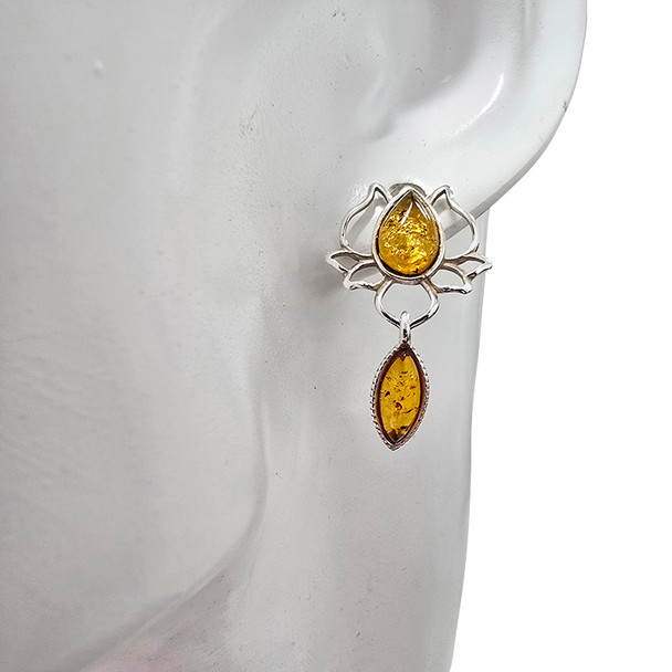 Amber Sterling Silver Lotus Post Dangle Earrings