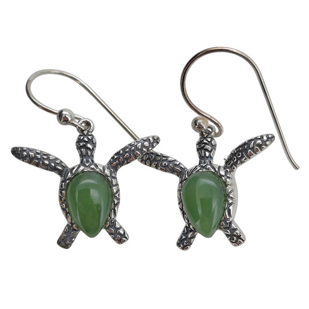 Nephrite Sterling Silver Sea Turtle Hook Earrings