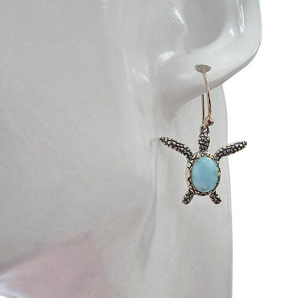 Larimar Sterling Silver Sea Turtle Hook Earrings