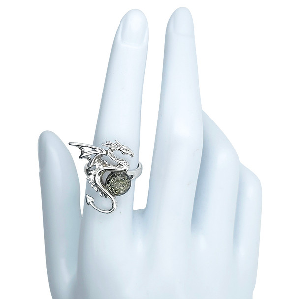 Green Amber Sterling Silver Dragon Adjustable Ring