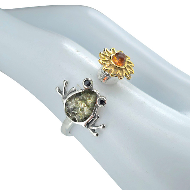 Green Amber Sterling Silver Frog/Flower Spinner Adjustable Ring