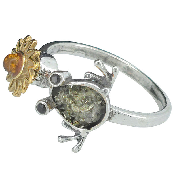 Green Amber Sterling Silver Frog/Flower Spinner Adjustable Ring