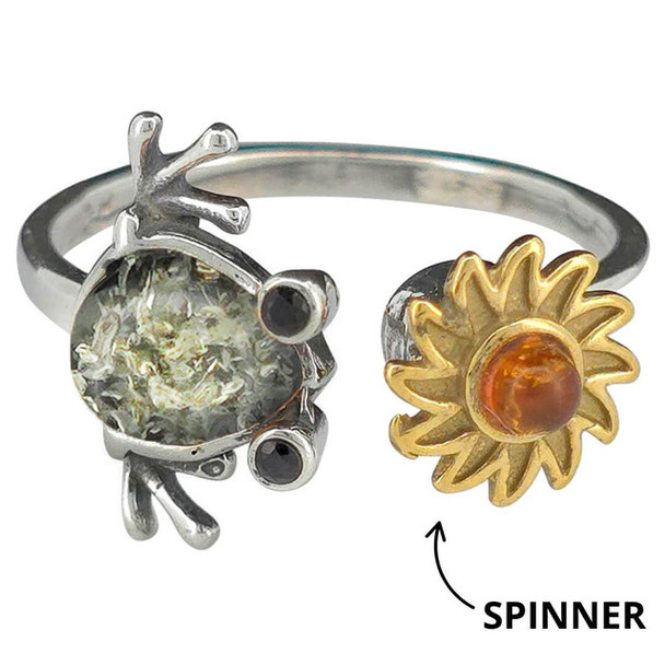 Green Amber Sterling Silver Frog/Flower Spinner Adjustable Ring