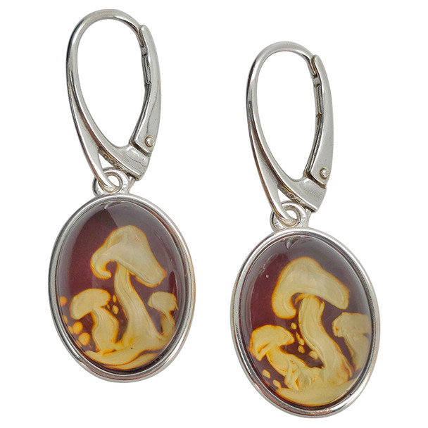 Amber Cameo / Intaglio Mushroom Hook Earrings