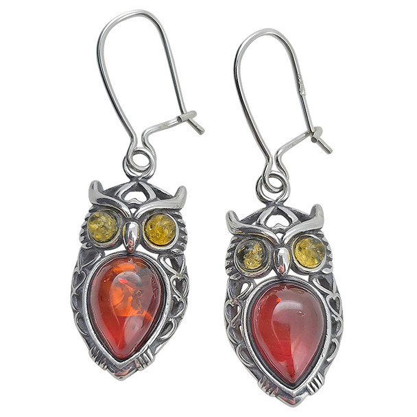 Multi-Color Amber Owl Hook Earrings