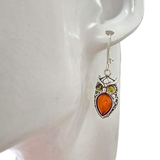 Multi-Color Amber Owl Hook Earrings