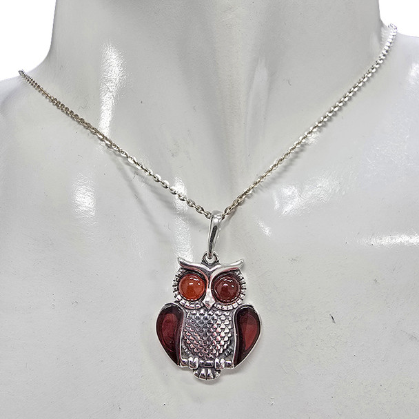 Owl Cherry Amber Sterling Silver Pendant