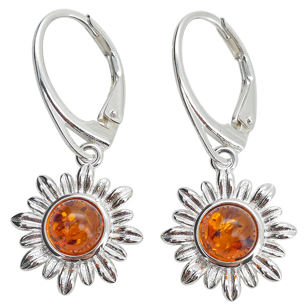 Amber Sterling Silver Flower Hook Earrings