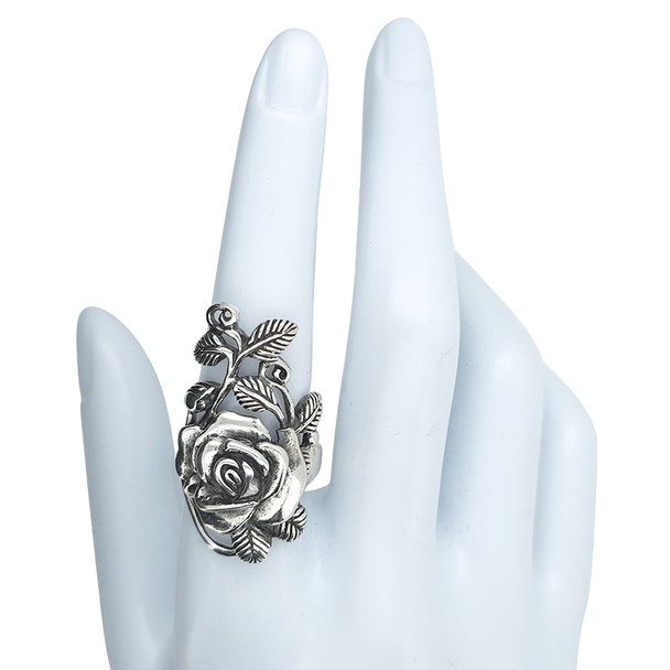 Large Rose On Vine Sterling Silver Ring