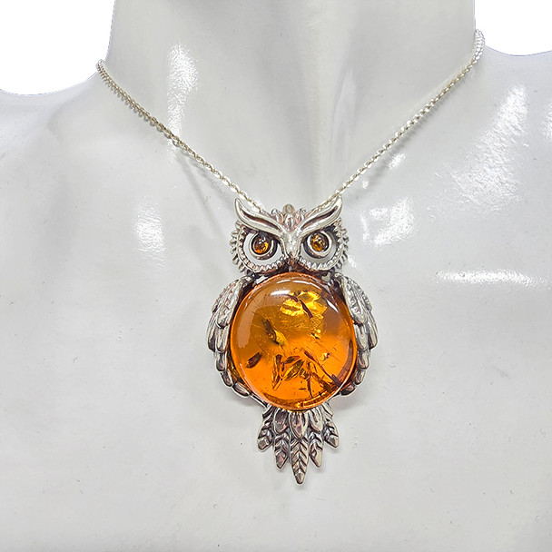 Amber Sterling Silver Owl Pendant