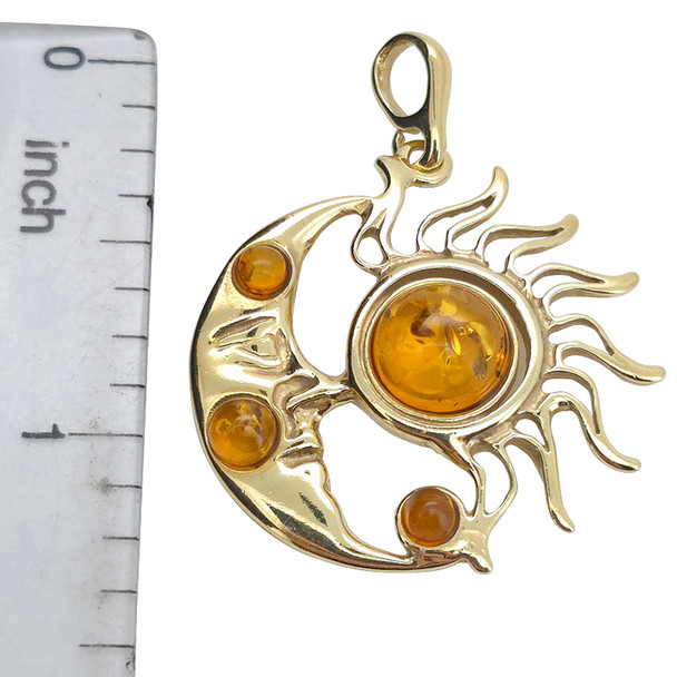 Cognac Amber Sun and Moon Gold Plated Silver Pendant