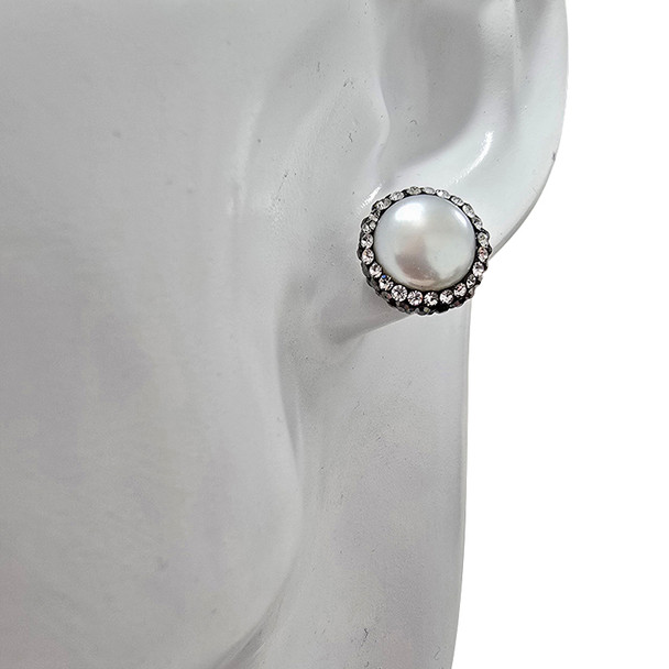 Pearl, Cubic Zirconia, and Sterling Silver Hook Earrings