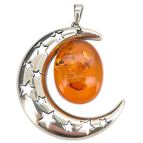 Amber Sterling Silver Moon Pendant