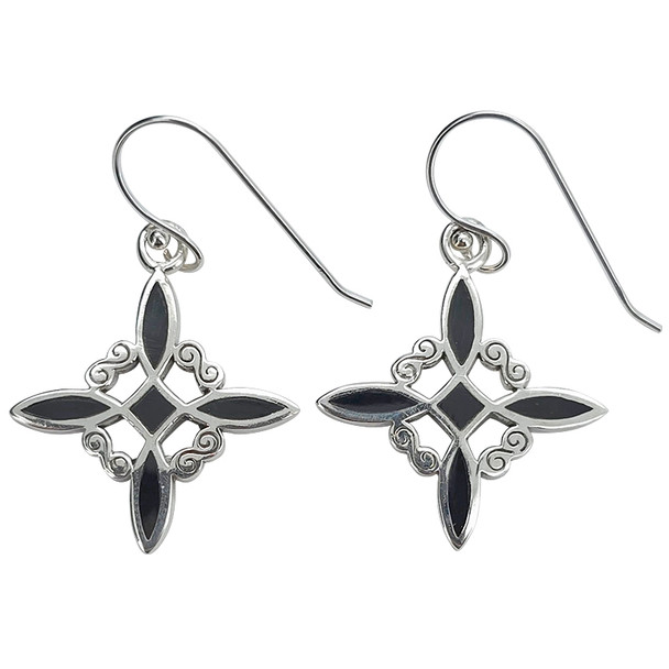 Cross Black Onyx Sterling Silver Dangle Earrings