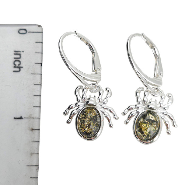 Green Amber Sterling Silver Spider Hook Earrings