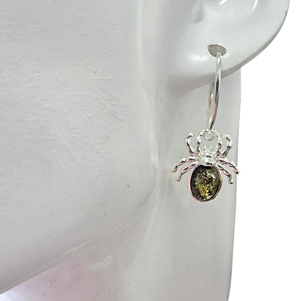 Green Amber Sterling Silver Spider Hook Earrings
