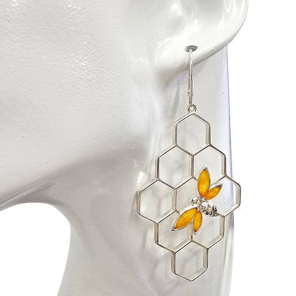 Bee On Honeycomb Butterscotch Amber Earrings On Hooks
