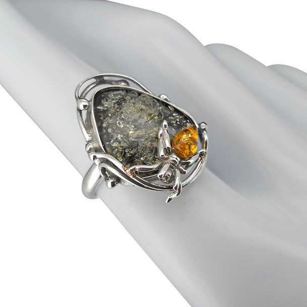 Multi-Color Amber Sterling Silver Handmade Spider Design Adjustable Ring