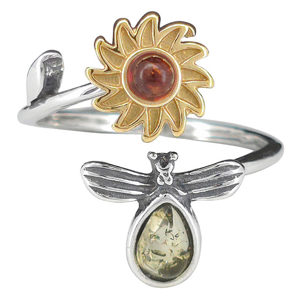 Amber Sterling Silver Flower/Bee Spinner Adjustable Ring