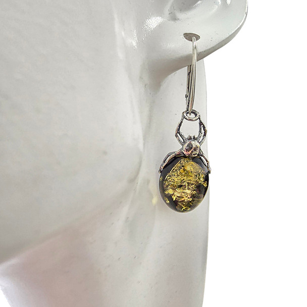 Green Amber Oxidized Sterling Silver Spider Hook Earrings