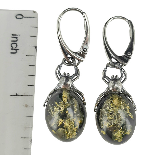 Green Amber Oxidized Sterling Silver Spider Hook Earrings