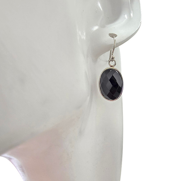 Faceted Black Agate Sterling Silver Hook Earrings