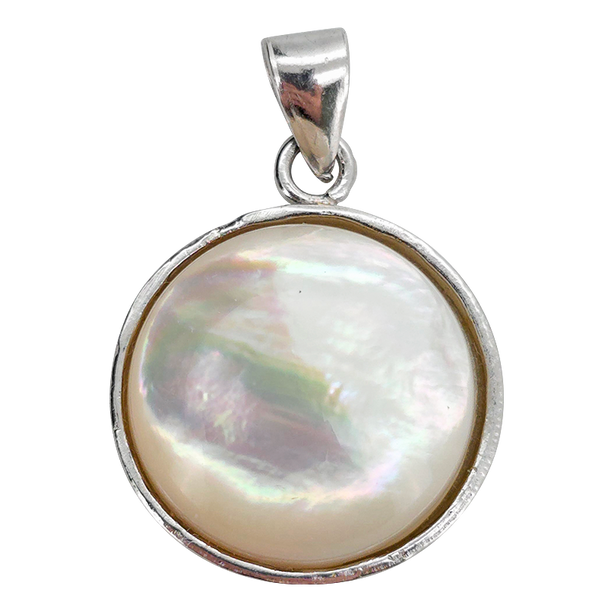 Mother of Pearl Sterling Silver Pendant.
A round mother-of-pearl shell is set in .925 sterling silver.