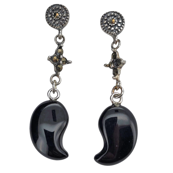 Black Agate Sterling Silver Post Dangle Earrings