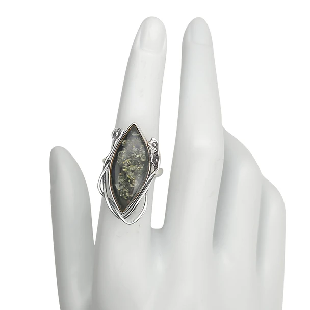 Handmade Green Amber Sterling Silver Adjustable Ring