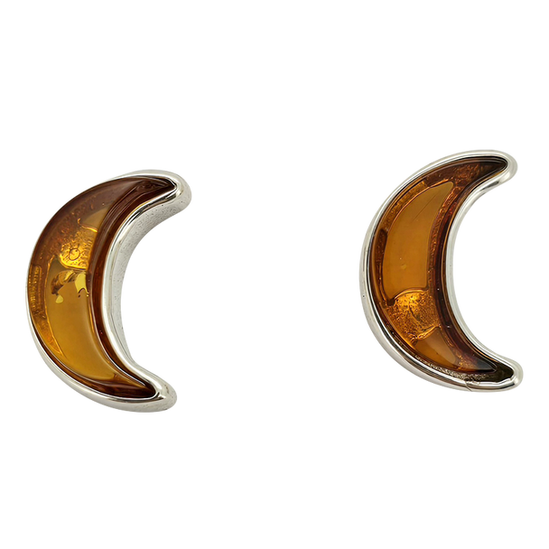 Cognac Amber Sterling Silver Moon Stud Earrings