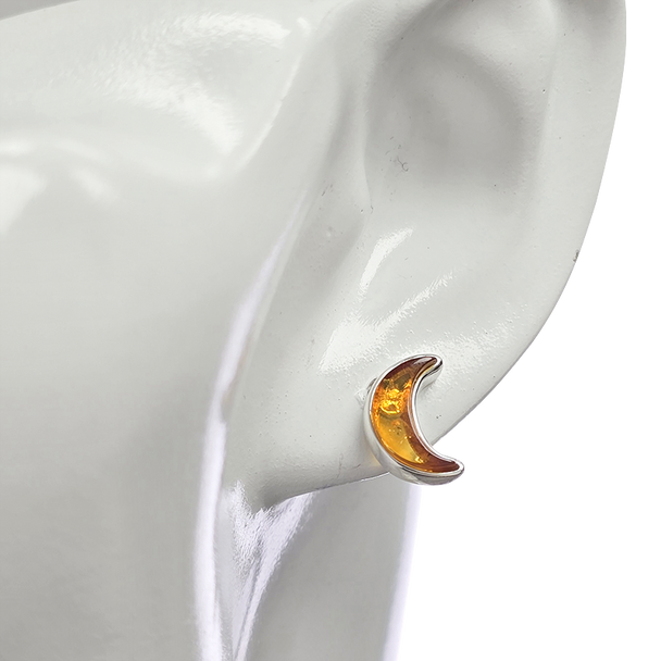Cognac Amber Sterling Silver Moon Stud Earrings