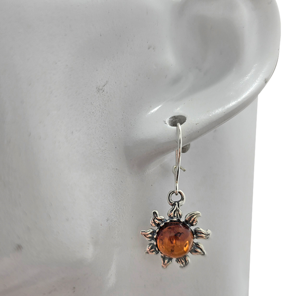 Amber Sterling Silver Sunflower Hook Earrings