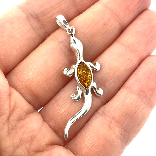 Cognac Amber Sterling Silver Gecko Pendant