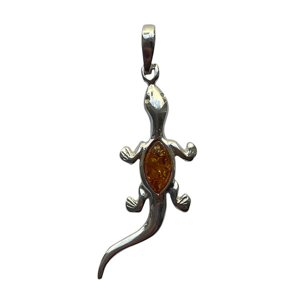 Cognac Amber Sterling Silver Gecko Pendant