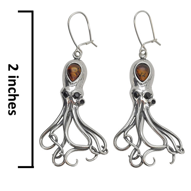 Amber Sterling Silver Octopus Hook Earrings
