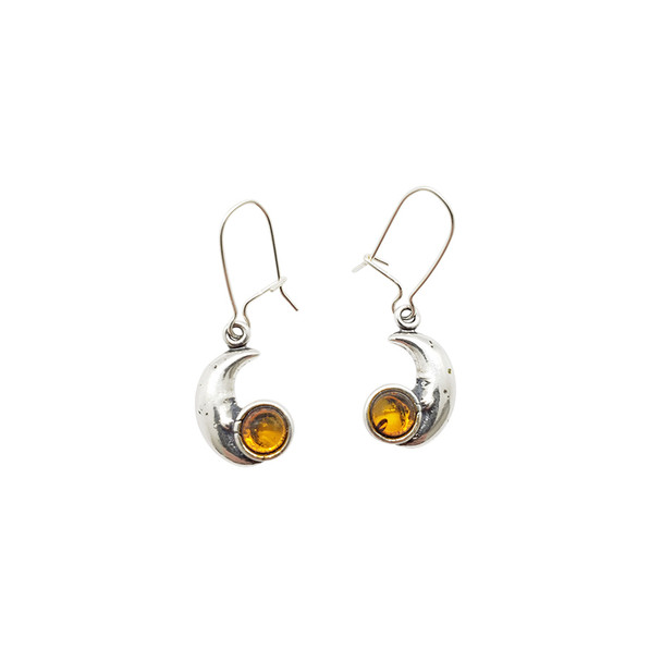 Cognac Amber Sterling Silver Moon Earrings On Hooks