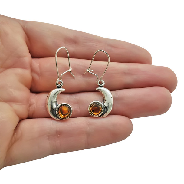 Cognac Amber Sterling Silver Moon Earrings On Hooks
