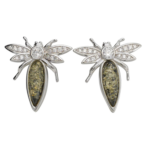 Green Amber Cubic Zirconia Dragonfly Stud Earrings