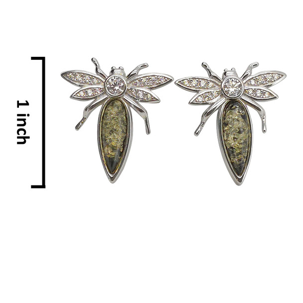 Green Amber Cubic Zirconia Dragonfly Stud Earrings