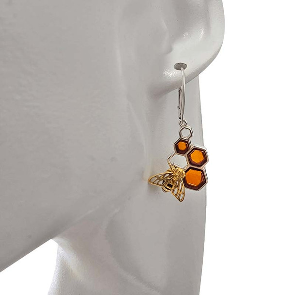 Cognac Amber Gold Plated Silver Bee On Honeycomb Earrings On Hooks