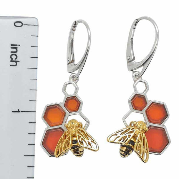 Cognac Amber Gold Plated Silver Bee On Honeycomb Earrings On Hooks