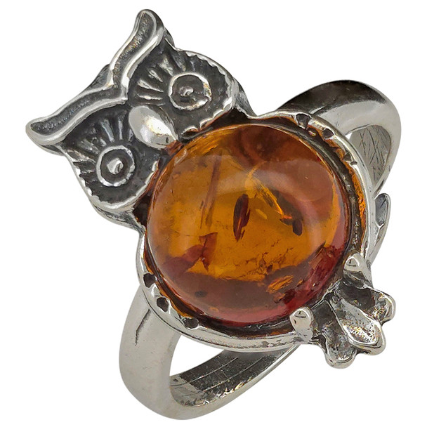 Amber Sterling Silver Owl Adjustable Ring